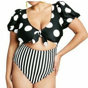 Tabitha Brown One piece polka dot/ stripes swimsuit